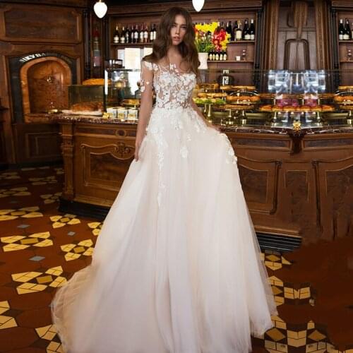 Boho Wedding Dresses 2020 Scoop Appliques Long Sleeves Elegant Summer Wedding Gown Bridal Dresses vestidos de novia