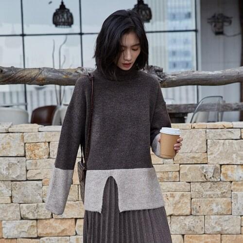2021 New Winter Fashion Round Collar Color Matching Knitting Coat Long Sleeve Hem Sweater Khaki Winter Versatile