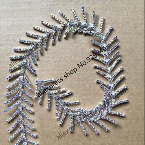 1 yard/pack leaf V-shape 3cm silver AB crystal clear rhinestone chain trims for bridal wedding dress decoration garment stone