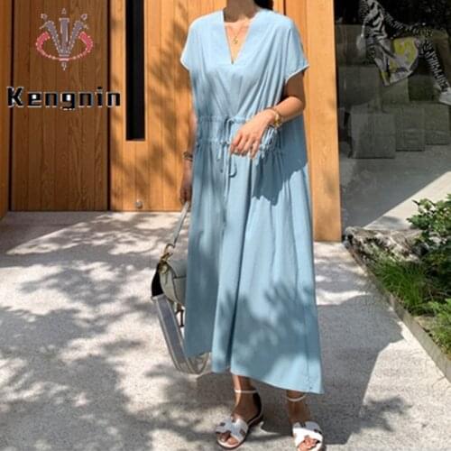 2021 Summer Plus Size 5XL Women Dress Short Sleeve V-Neck Loose Ladies Vestidos Cotton Simple Draw String Female Robe KE1155