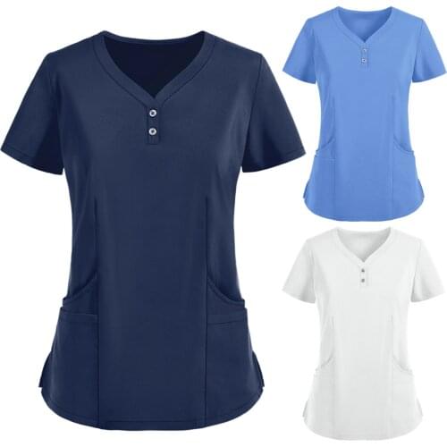 2021 Summer Sexy Nurse Uniform Women Short Sleeve V Neck Working Scrub Tops Solid Color Oversize T Shirt Gorro Enfermera A40