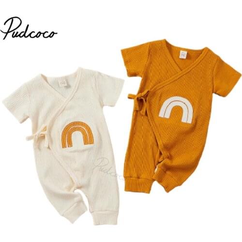 2021 New Infant Kids Baby Girls Boys Rainbow Romper Short Sleeve Ribbed Jumpsuits Casual Clothes