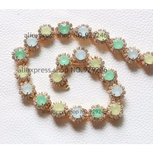 Free shipping 90cm/pack yellow green sew on flower trimmings fashion women collar decoration crystal rhinestone metal chain gold