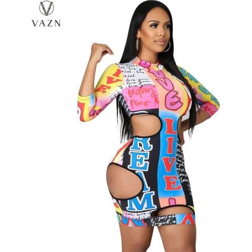 VAZN 2021 Night Party Shinny Bodycon Slim Mini Dress Full Sleeve Print Bandage Energetic Suitable Dress