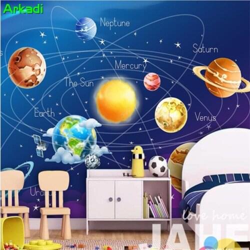 Custom Mural Nursery Wallpaper Blue Cosmic Star Kids Room Background Wall Cartoon Solar System Earth Planet Moon Home Painting