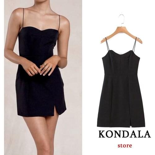 KONDALA Za 2021 Women Chic Black Sexy Mini Sheath Dress Front Split Cami Party Dress Female Elegant Stylish Mujer Vestidos