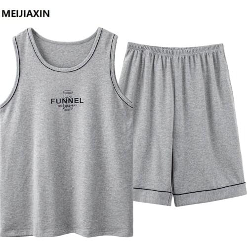 Summer Men Pajamas Knitted Cotton Pajama Sets Sleeveless Round Neck Casual Soft Mens Clothing Plus Size 4XL Male Tracksuit