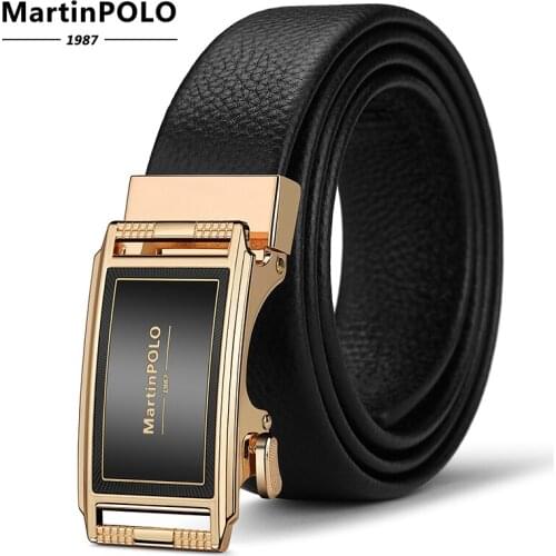 MartinPOLO Men Leather Belt Designed for Men with Metal Automatic Buckle Business Leisure Brand Leather Belt Men Black MP3603P