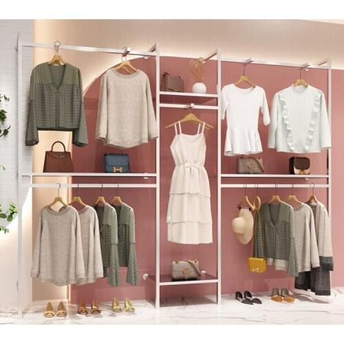 On Wall womens clothing rack double layer clothes rack silver stainless steel wall clothing display rack
