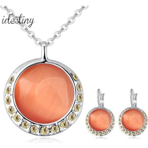 11.11 Opal Jewelry Set for Women Wedding Party Accessories Wholesale White Gold Color Plated Round Necklace and Stud Earings Set