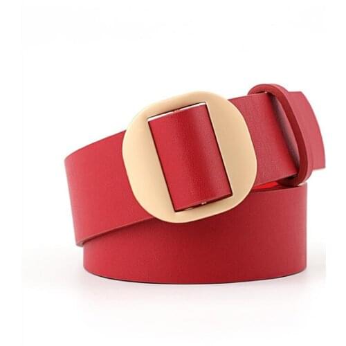2018 New Design Ladies Black Red Waistband 1.5 inch Wide Leather Belt Gold Metal Round Circle Buckle Strap Belts for Women Jeans