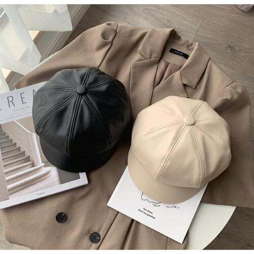 New Fashion Women Berets Vintage PU Leather Octagonal Hats With Brim Artist Warm Beanies Autumn Female Outdoors Solid Color Caps
