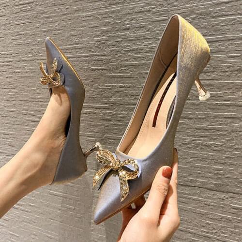 New Womens Shoes High Heels Women 2021 New Wedding Shoes Banquet Shoes Rhinestone Bow Stiletto Heel Sexy French Single Shoes