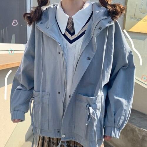 Autumn 2020 Korean Japanese Bow Hooded Work Coat New Long Sleeve Loose Jacket Female Students