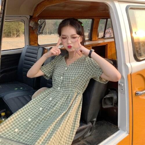 Dress Women Single Breasted japanese Plaid Loose Dresses Leisure Lovely Korean Elastic Waist Elegant Colorful Dress for women