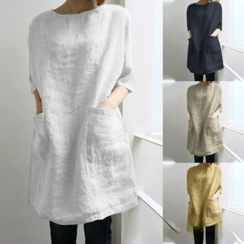Womens round neck three-quarter sleeves with pockets solid color cotton and linen series casual comfortable loose gown
