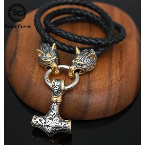 Nordic Celtic Wolf Head Anchor Pendant Stainless Steel Thors Mjolnir Hammer Leather Necklaces Viking Vegvisir Amulet Men Jewelry