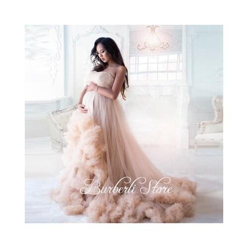 Lush Khaki Puffy Tiered Ruffles Maternity Women Dress Strapless High Low Tulle Dresses Bridal Night Long Robe To Photo-Shoot