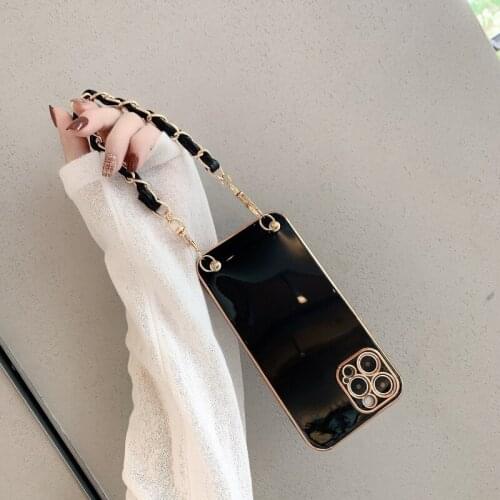 11 Pro Luxury Gold Plated Silicone case for iPhone 12 Pro SE 2020 XR XS X CC Leather Chain Strap Electroplated Cover 7 8 Plus