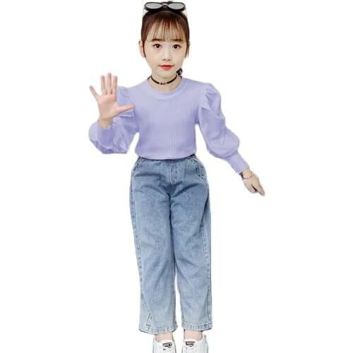 Spring And Autumn Cotton Girls Sets Fashion Puff Sleeve Top Solid Color Wide Leg Jeans Two-Piece Suit Casual Childrens Clothing