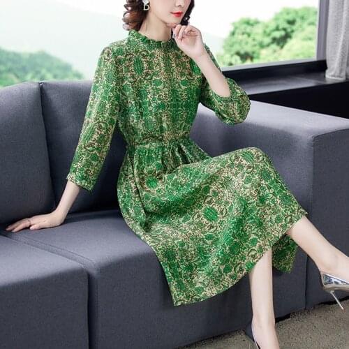 Spring Green Print Mulberry Slik Beach Midi Dress 2021 Vintage 4XL Plus Size Midi Sundress Elegant Women Bodycon Party Vestidos