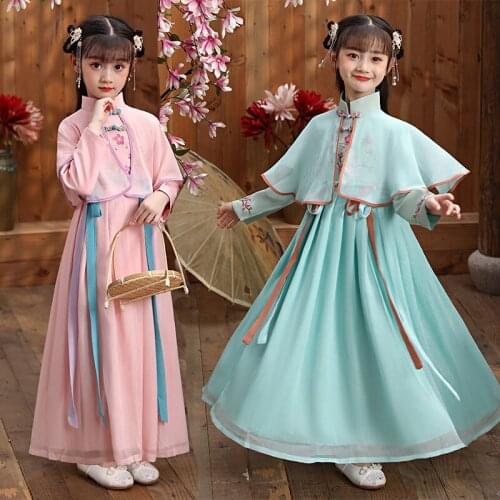 Green Hanfu Chinese Embroider Princess Birthday Party Perform Photography Dress Kids Traditiona Wedding Flower Girl Dresses