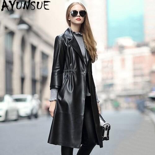 AYUNSUE Genuine Leather Jacket Women Long 100% Sheepskin Coat Slim Real Leather Jackets Windbreaker Kurtki Damskie F17BM17010