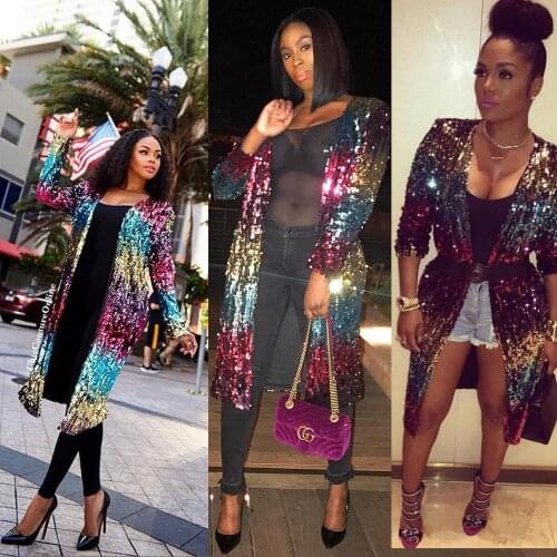 Fall Gradient Sequined Long Jackets Women Long Sleeve Open Stitch Loose Long Coats Streetwear Ladies Outwear Elegant Cardigans