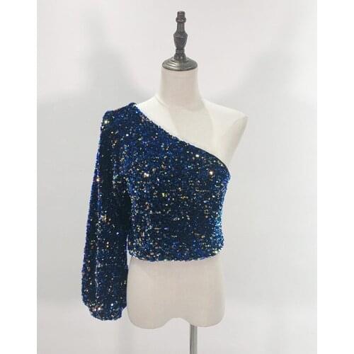 KPOP IU Seo Yea Ji fashion oblique collar strapless tshirt sequins short Tees women nightclub super flash t shirt irregular tops