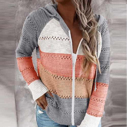 Women Hoodies Knit Zipper Hit Color Drawstring Lady Round Neck Hole Long Sleeve Knitted Hooded Clothes Autumn Female Streetwear