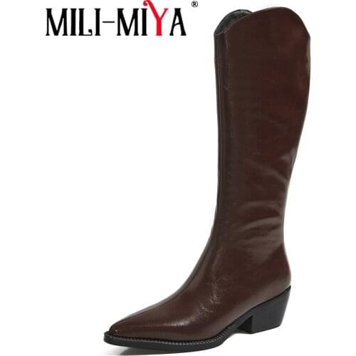 MILI-MIYA European Style Pointed Toe Plus Size 34-43 Knee Length Boots Women Straight High Thick Heel Retro Dress Wild Footwear