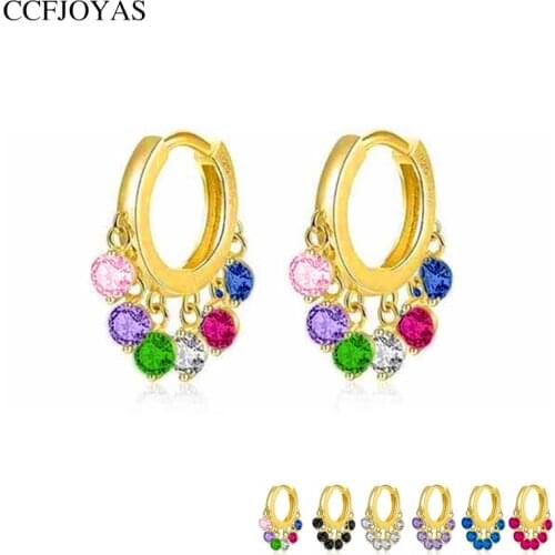 CCFJOYAS European and American Fashion 925 Sterling Silver CZ Hoop Earrings for Women White/black/purple color Zircon earrings