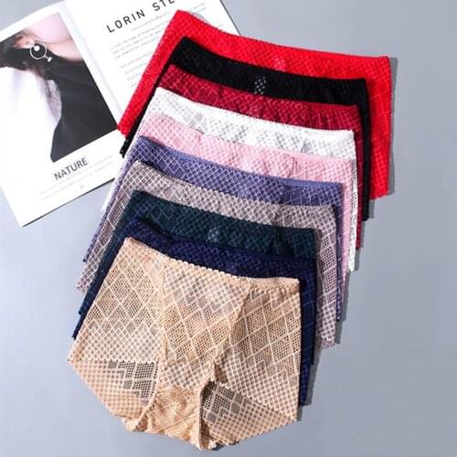 Plus Size Womens Underwear Panties Sexy Lace Lingerie High Fit Female High Waist Briefs Rhombus Mesh Underpant transparent