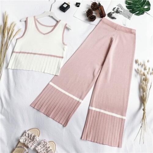 Women Tank Tops+Wide Leg Pants Knitted 2pcs Clothing Casual Vest Jumper Tops+Mid-Calf Pant Knitting Clothing Suits