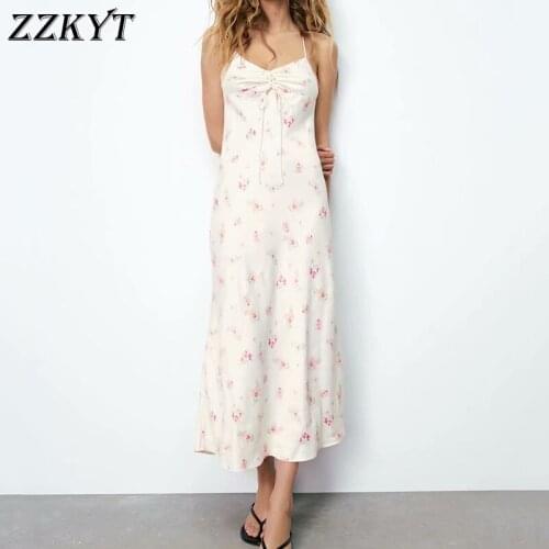 ZZKYT 2021 Women Summer Fashion Floral Print Bow Tie Midi Dress Vintage V-Neck Backless Tin Tie Strap Female Party Dresses Mujer