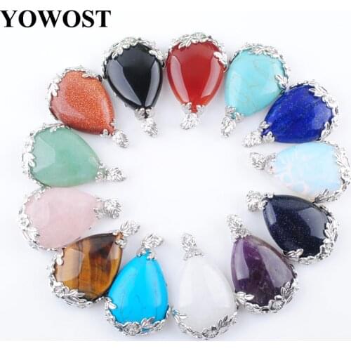 10Pcs/Lot Natural Stone Teardrop Pendant Inlaid Metal Flower Water Drop Pink Quartz Lapis Crystal Opal Women Men Jewelry QBN350