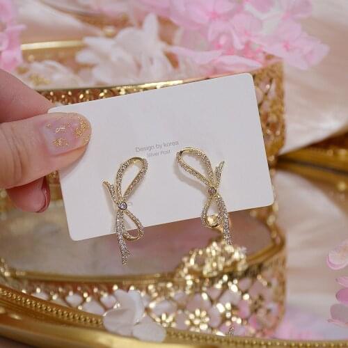 14k Real Gold Plated Fashion Jewelery Crystal Bowknot Exquisite Luxury Stud Earrings for Woman Holiday Party Elegant Earring