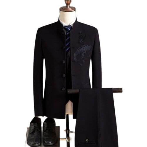 Blazer Pants Vest 3 Pieces Set / 2020 New Mens Casual Boutique Chinese Style Stand Collar Suit Jacket Coat Teousers Waistcoat