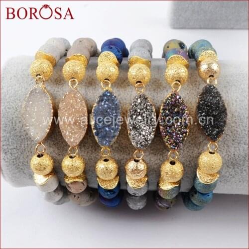 BOROSA 5PCS Handcrafted Druzy Bracelets for Women, Gold Color Marquise & 8mm Rainbow Titanium Druzy Stone Beads Bracelet G1376