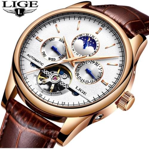LIGE Fashion Business Mens Automatic Watch Leather Waterproof Mechanical Watch Mens Tourbillon Sport Watches Relogio Masculino