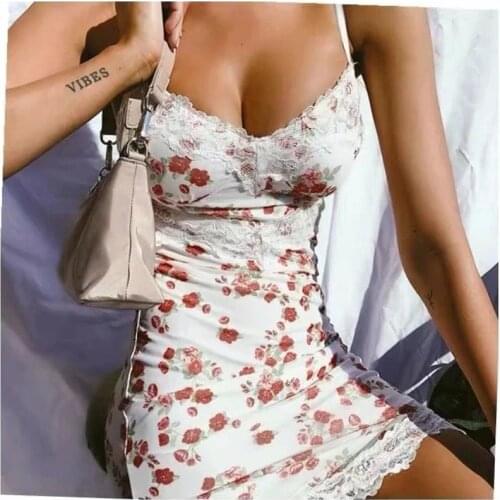 Flowers Lace Mini Dress For Women New 2021 Sexy Casual Sheath Spaghetti Strap V-Neck Birthday Party Holiday Beach Dress