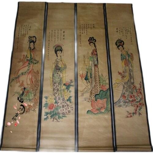 Antique Chinese painting, four screen calligraphy, landscape painting, figure painting, hotel living room decoration painting, T