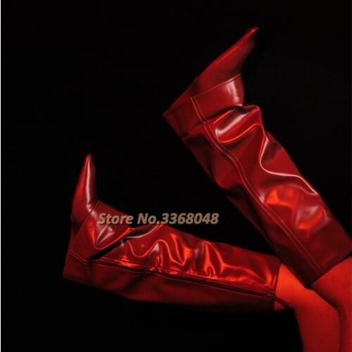Leather Knee High Boots Height Increase Sexy Pointed Toe Polish Patent Leather Fold Wedges Boots 2021 Winter New Arrivals Boots