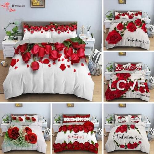 Red Rose Bedding Set Quilt Duvet Cover Comforter Pillowcase 3D Double King Queen Single 3PCS Couples Lovers Valentines Day Gift