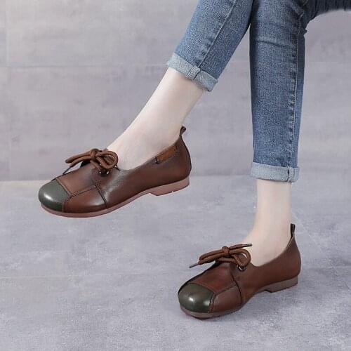 Autumn New Style Single Shoes Womens Flat-heeled First Layer Cowhide Womens Shoes Thin Retro Soft-soled Womens Leather Shoes