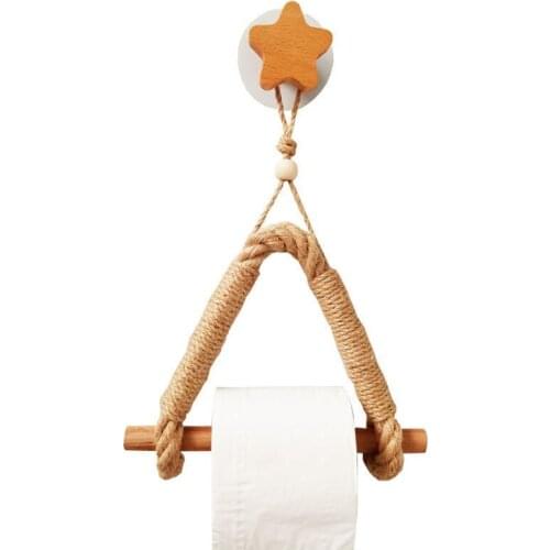 New Hand-woven Hemp Rope Roll Paper Holder Nordic Solid Wood Rope Woven Toilet Kitchen Non-perforated Tissue Holder
