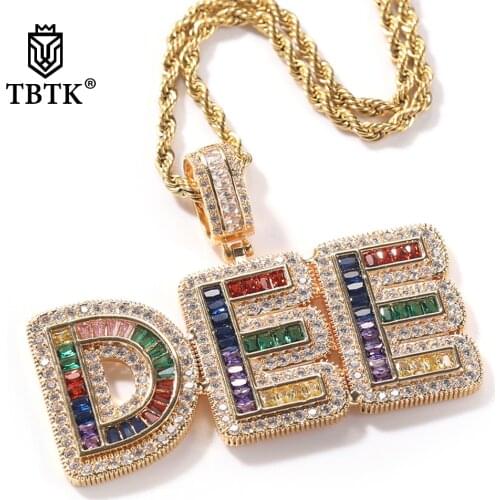 TBTK Custom Rainbow Baguette Letter Pendant Iced Out Colorful Cubic Zirconia Tennis Chain Necklace Hiphop Jewelry