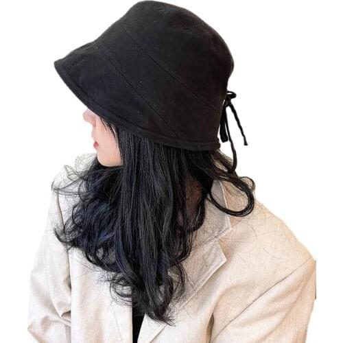 Womens Solid Bow Bucket Hat Fashion Summer Autumn Panama Cap Female Streetwear Sun Fishing Black Bob Cotton Fisherman Hat 2021