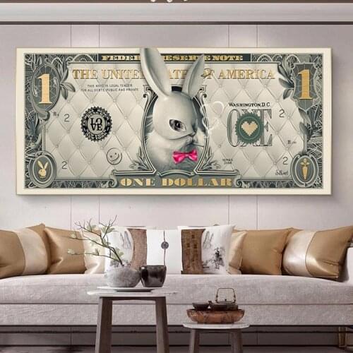 Cute Rabbit One Ddollar Poster Prints Abstract White and Golden Dollar Canvas Painting Modern Wall Art Poster for Living Room