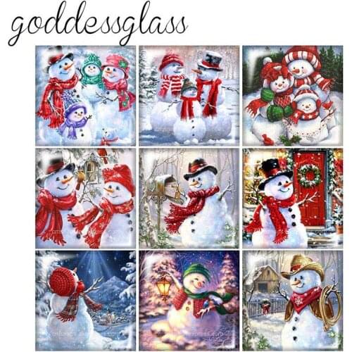Happy New Year Merry Christmas Snowman Cute Square 10pcs 12mm/20mm/25mm/30mm glass cabochon flat back DIY Jewelry Findings